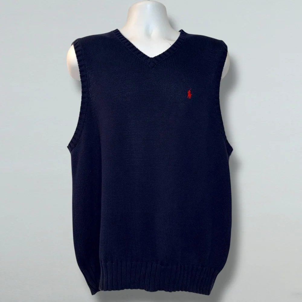 ⭐ POLO RALPH LAUREN 100% Cotton Knit Sweater Vest – Navy Blue, Red Pony –Size XL - Picture 2 of 16